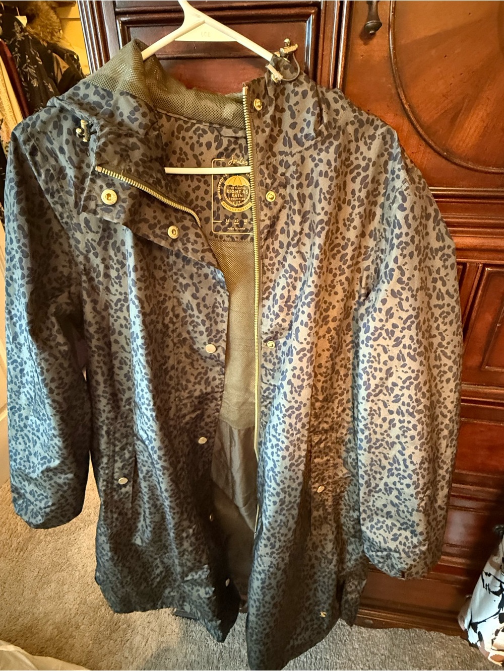 Joules Women's ' Leopard Print Hooded Raincoat in Green and Black